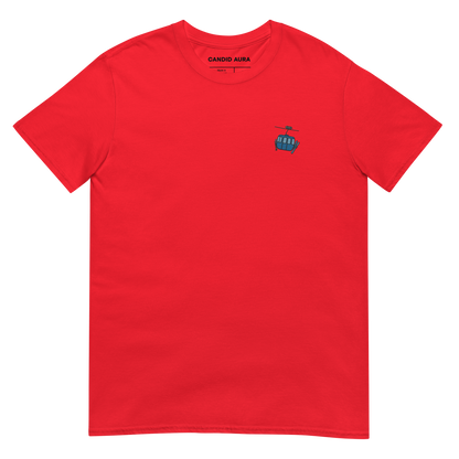 Embroidered Ski Lift on left chest of a Red T-Shirt