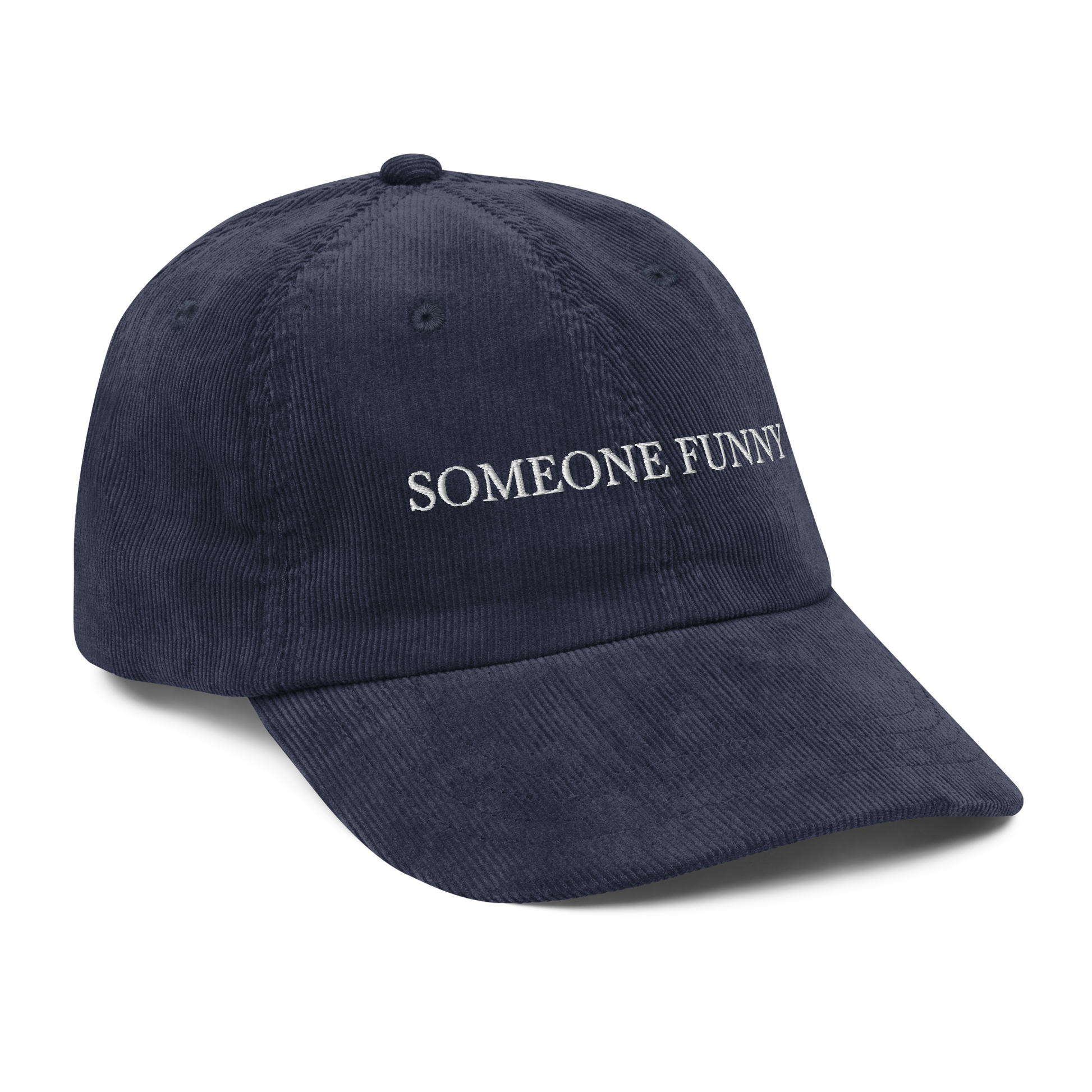 Navy blue cap with 'SOMEONE FUNNY' text on a white background