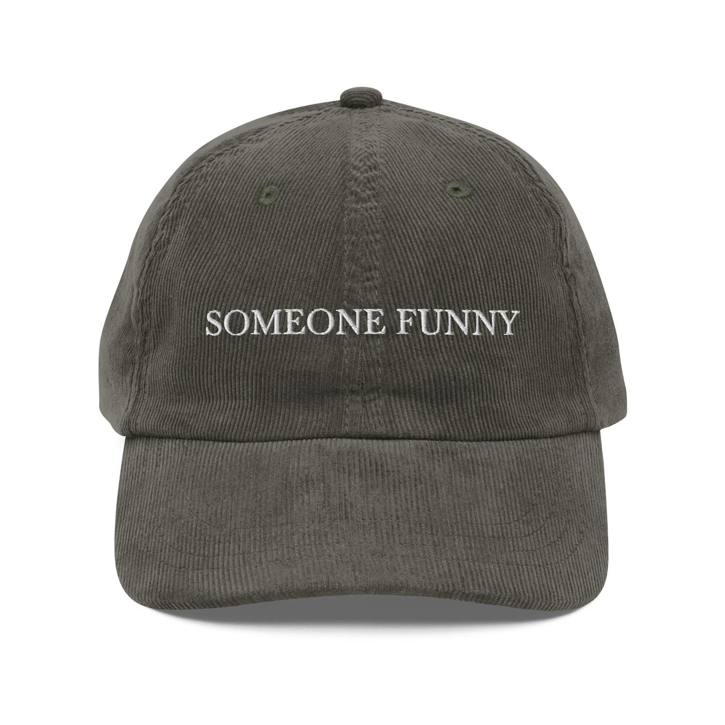 Olive green cap with 'SOMEONE FUNNY' text on a white background