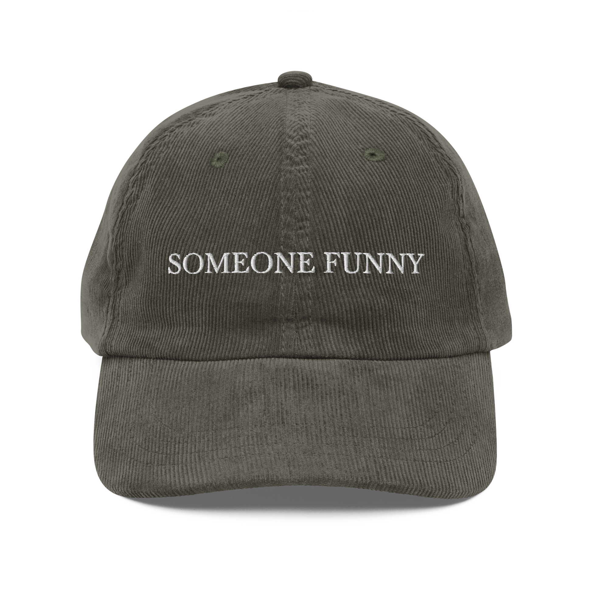 Olive green cap with 'SOMEONE FUNNY' text on a white background