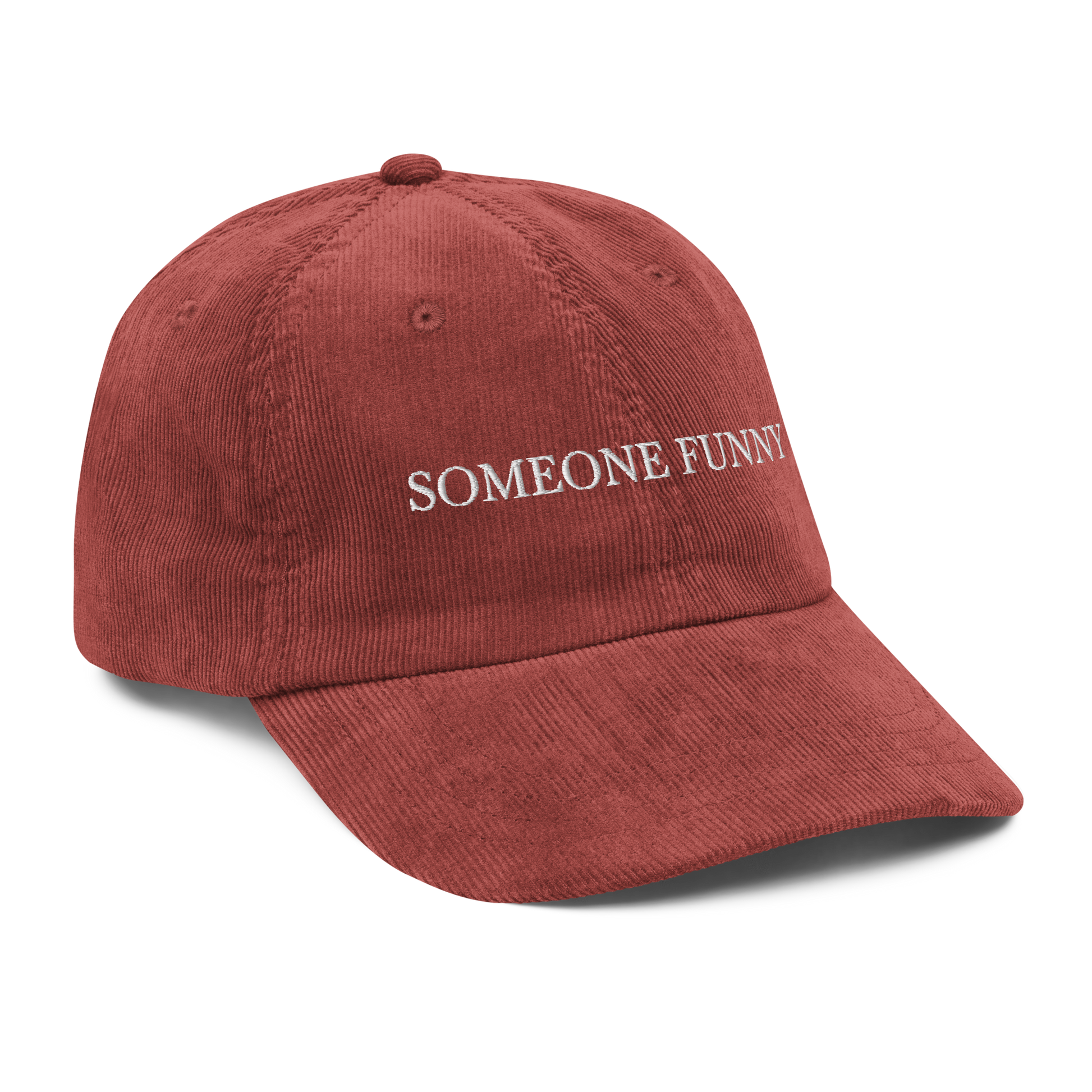 Red corduroy hat with 'SOMEONE FUNNY' text on a white background