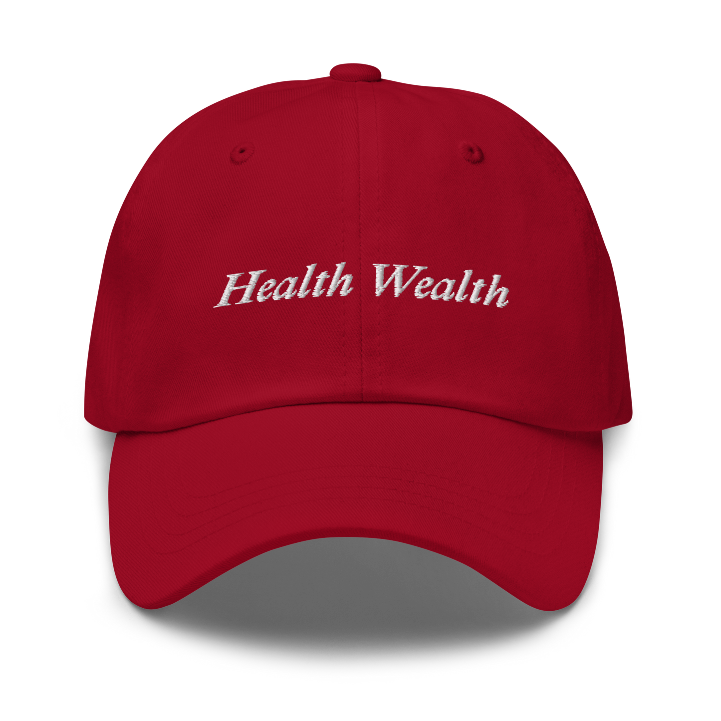 Red cap with 'Health Wealth' text on a white background