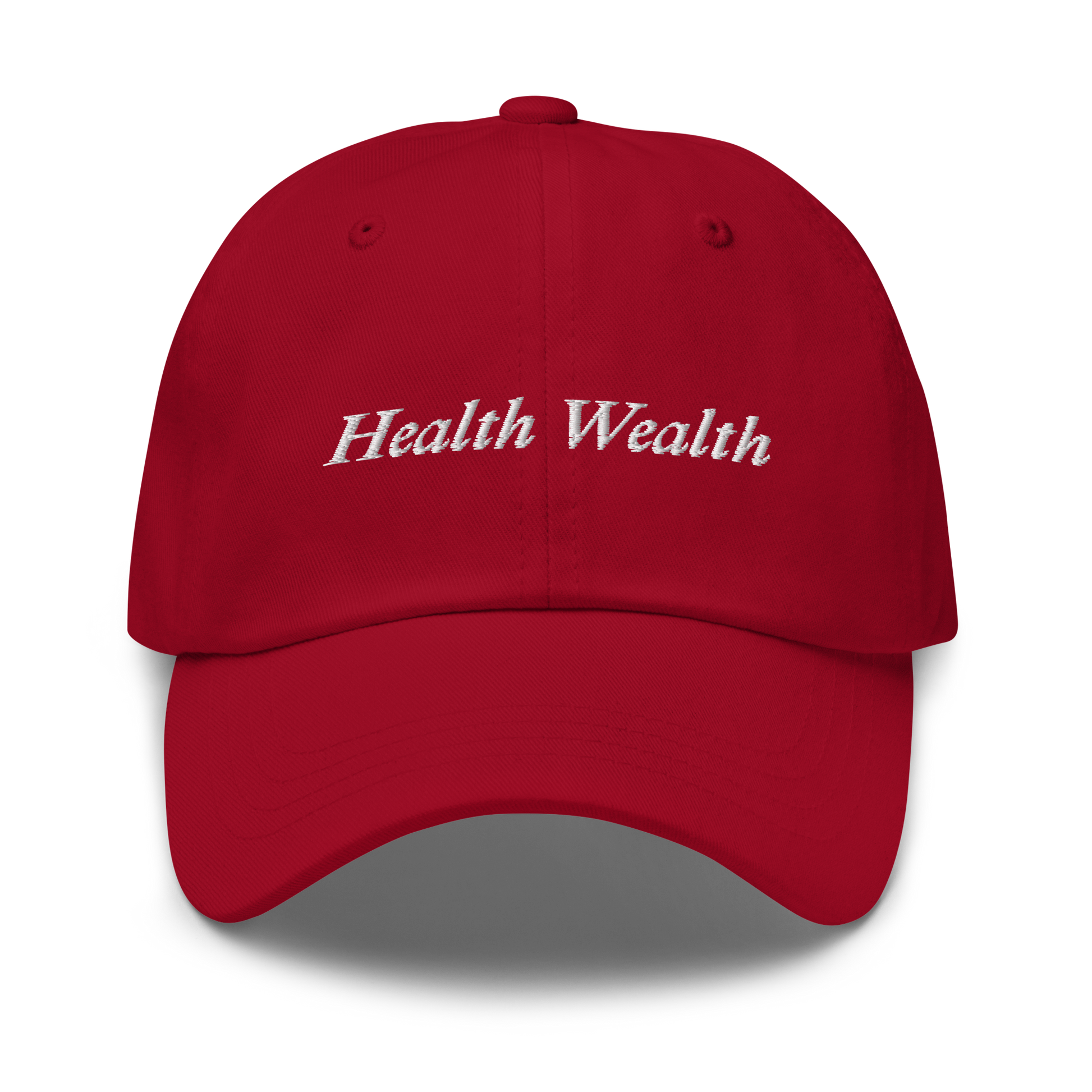 Red cap with 'Health Wealth' text on a white background